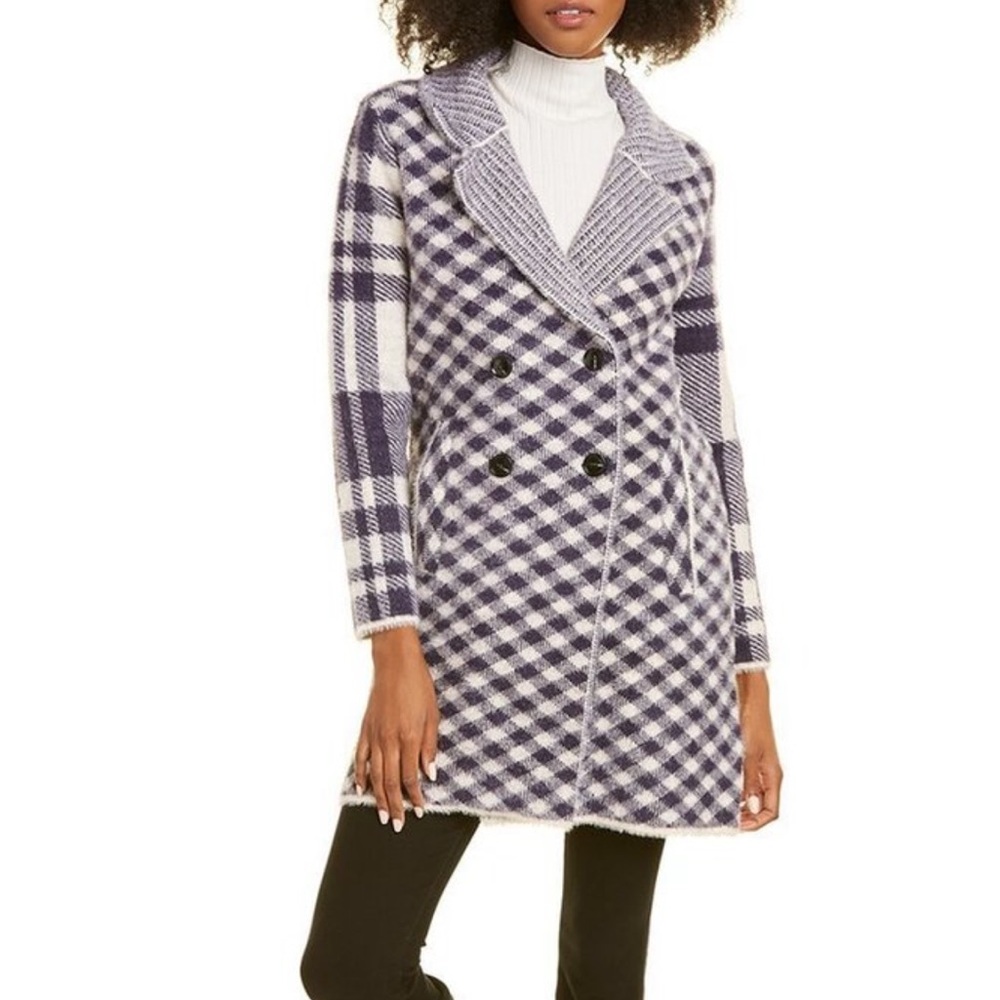 NWT NVLT CHECKERED PRINTED SOFT COATIGAN NAVY/WHITE WOMEN’S LARGE